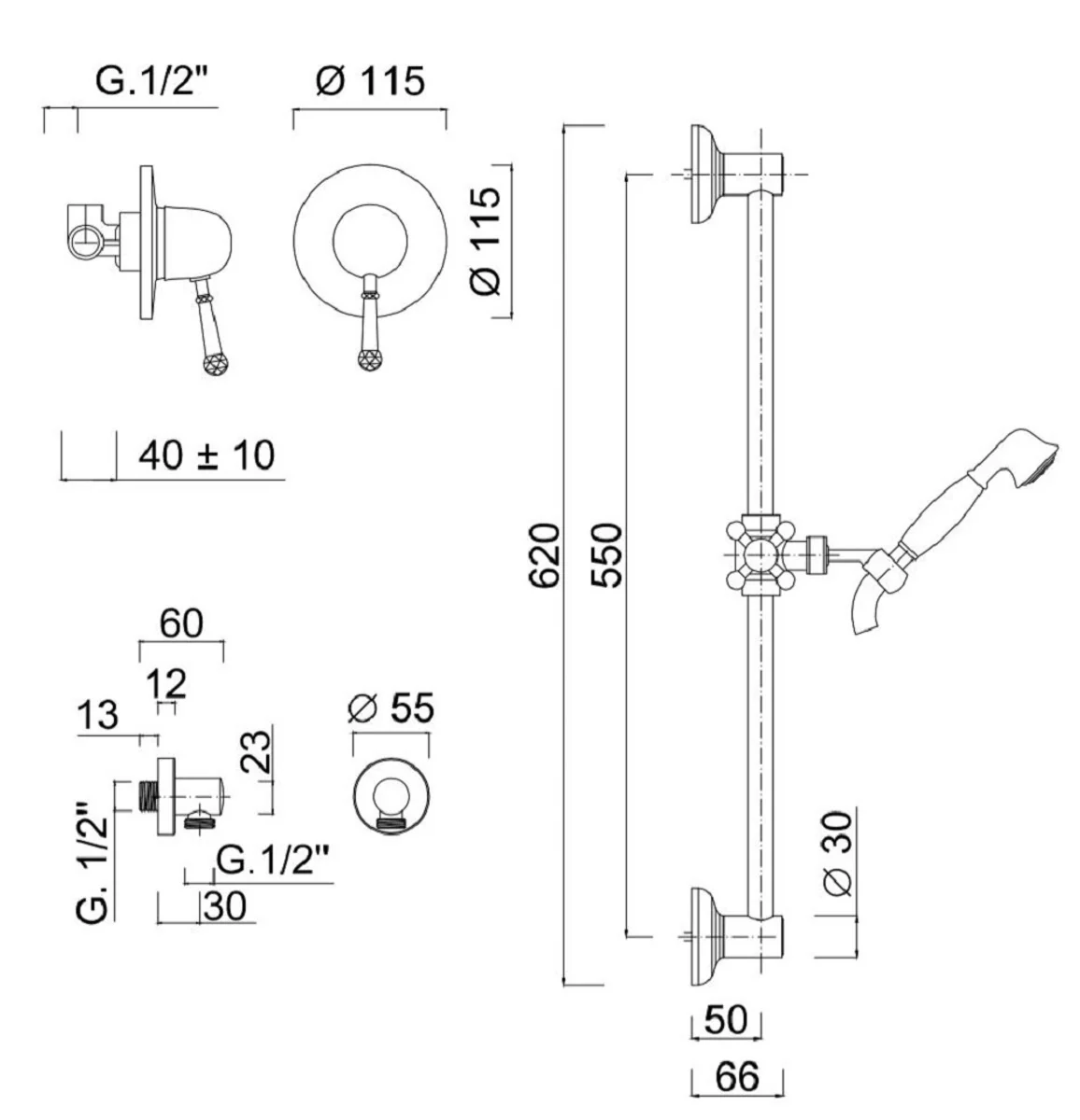 Luxury shower fittings set with Swarovski crystal glass silver - shower set - single lever mixer with shower rail and hand shower - bathroom shower set