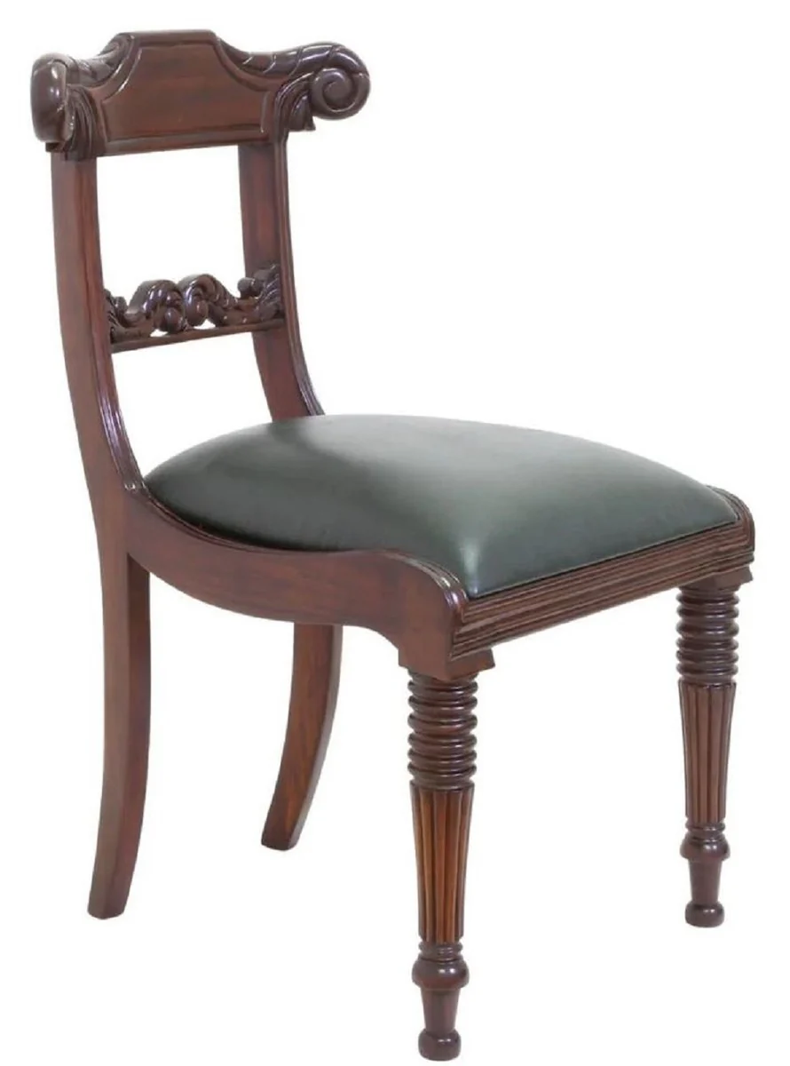 Luxury Art Nouveau mahogany dining room chair with real leather dark brown / green 52 x 58 x H. 90 cm - Solid wood leather kitchen chair - Baroque & Art Nouveau dining room furniture