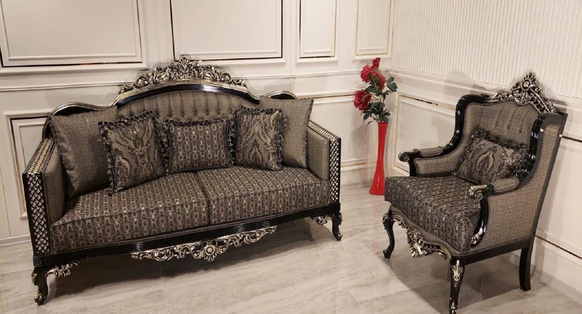 Luxury Baroque Sofa Gray / Black / Gold - Magnificent Living Room Sofa with Elegant Pattern - Baroque Furniture - Noble & Magnificent