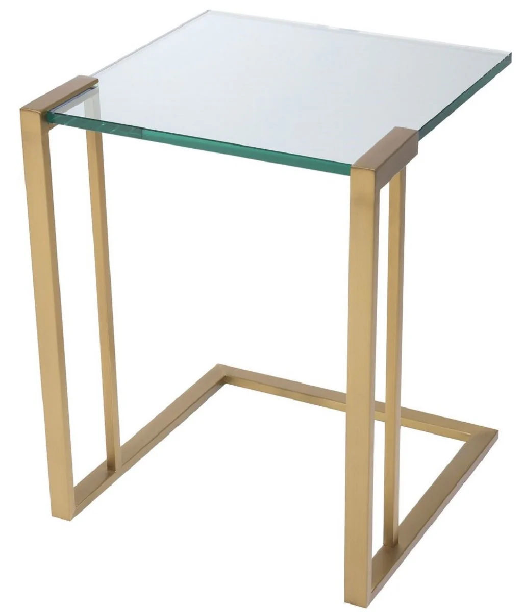 Luxury side table brass colored 45 x 45.5 x H. 56.5 cm - stainless steel table with glass top - luxury living room furniture