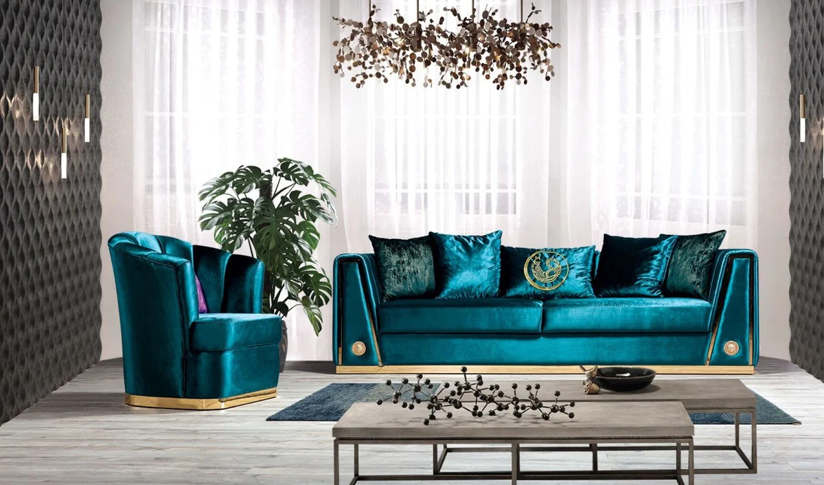 Luxury couch turquoise / gold 260 x 90 x H. 76 cm - Elegant living room sofa with decorative pillows - Luxury furniture