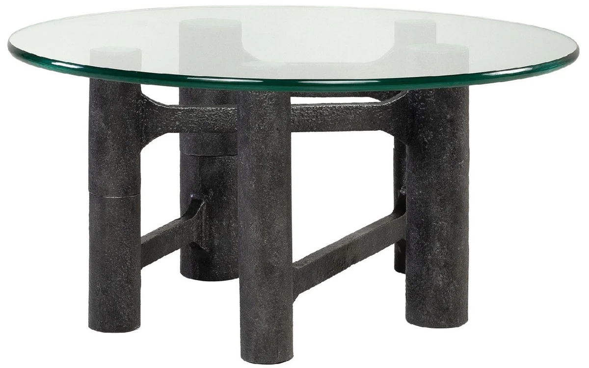 Luxury coffee table antique black Ø 75 x H. 35.5 cm - Round aluminum living room table with glass top - Living room furniture - Luxury furniture - Luxury furnishings