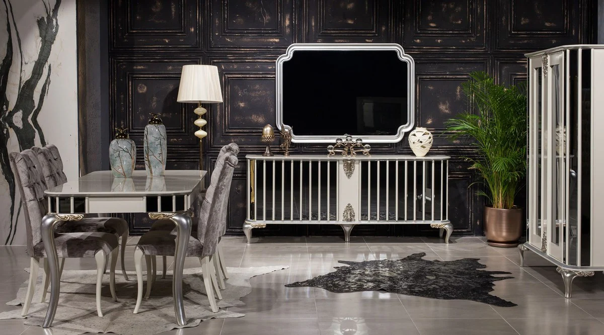 Luxury baroque display cabinet white / silver - mirrored solid wood display cabinet with 2 doors - magnificent baroque furniture