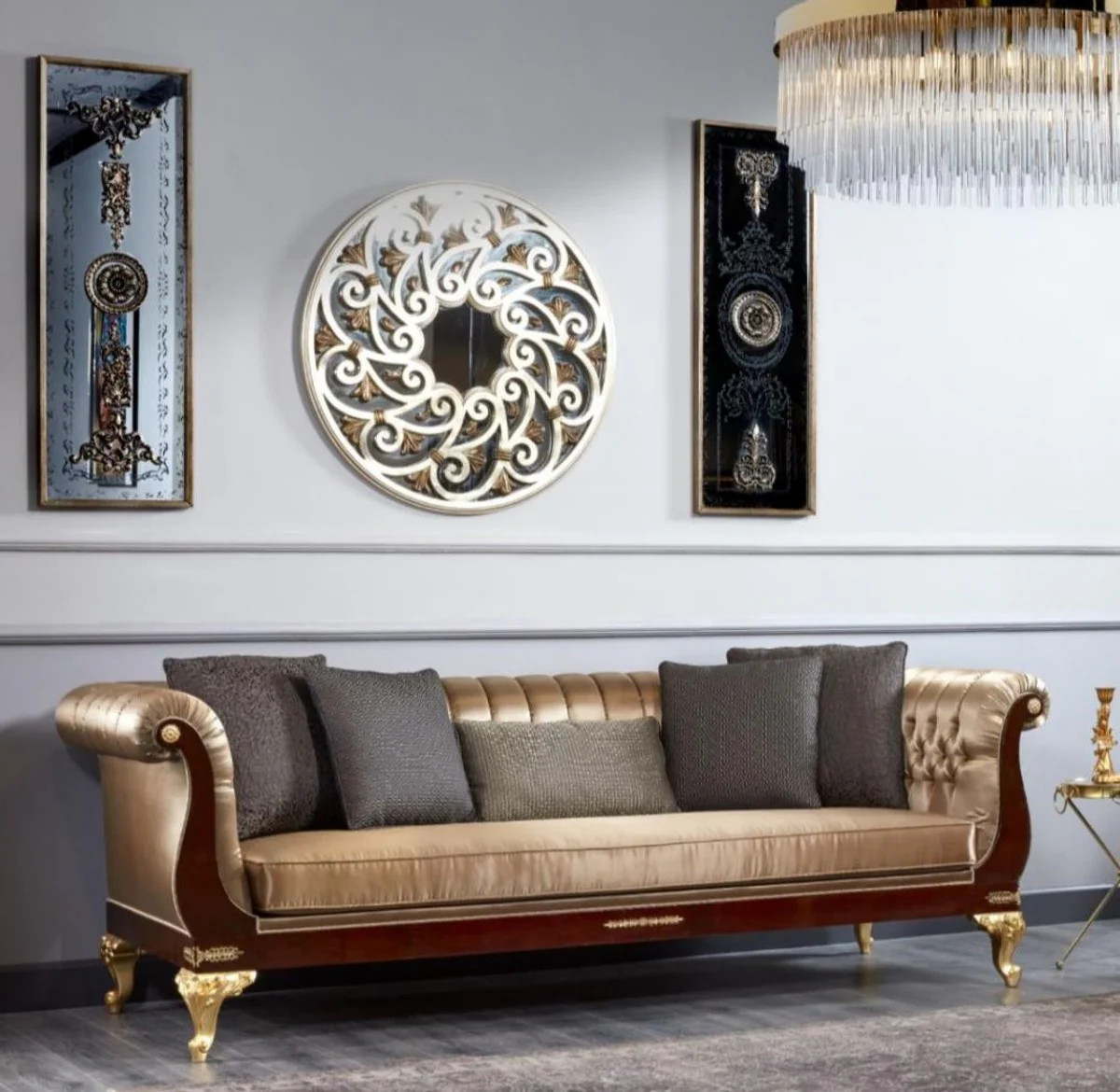 Luxury Baroque Chesterfield Sofa Gold / Dark Brown - Magnificent Living Room Sofa - Baroque Style Living Room Furniture - Luxury Furniture in Baroque Style - Baroque Furnishings - Noble & Magnificent