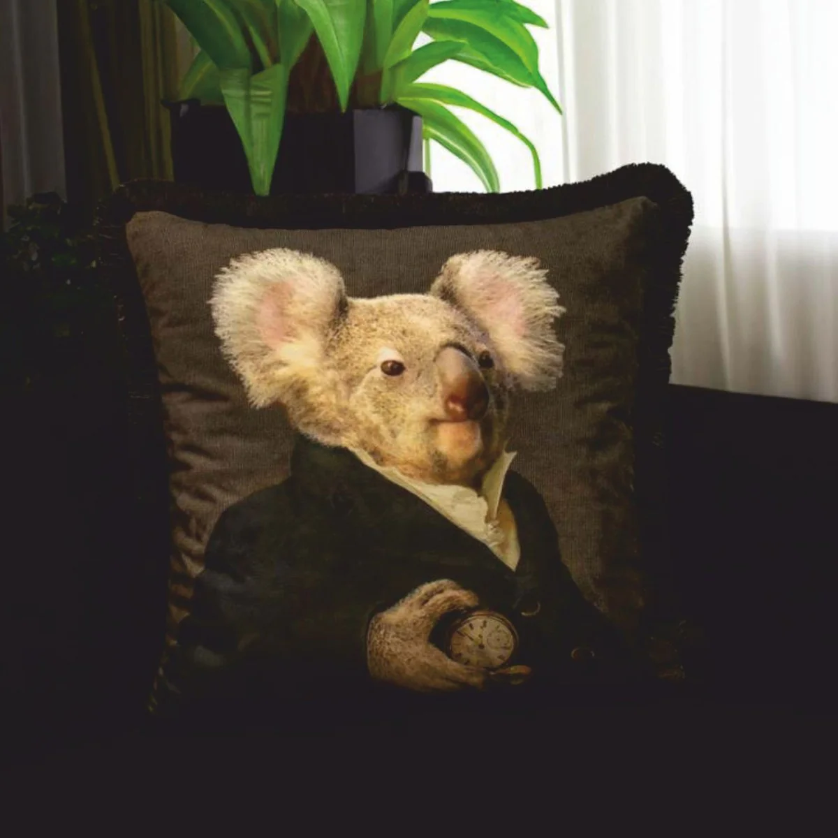 Luxury decorative velvet cushion Sir Koala Bear brown / black 45 x 45 cm