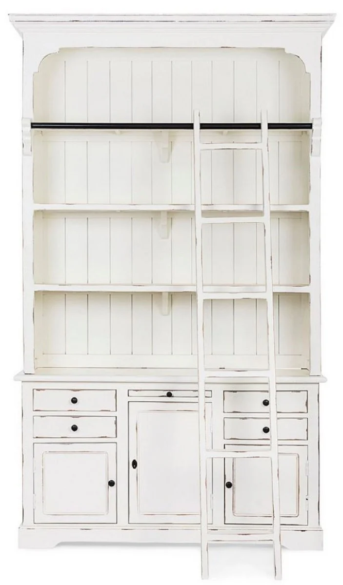 Country house style cabinet with ladder antique white 143.5 x 40.6 x H. 233.7 cm - bookcase - shelf cabinet - living room cabinet - office cabinet - country house style furniture
