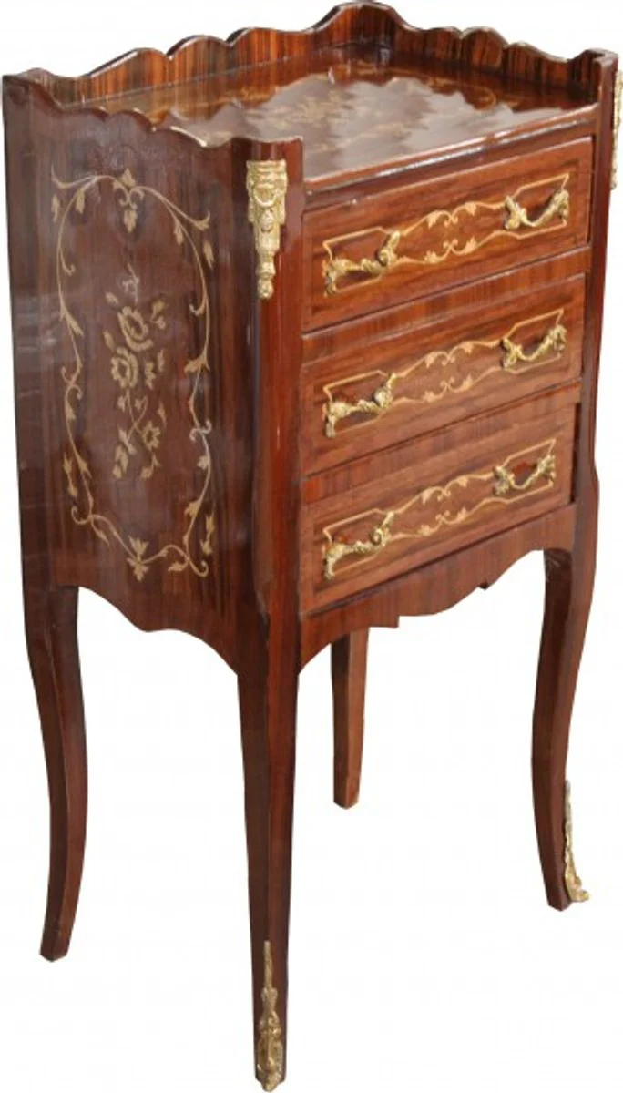 Baroque chest of drawers with 3 drawers brown inlay H 82 cm, W 42 cm - Mahogany model - bedside table console