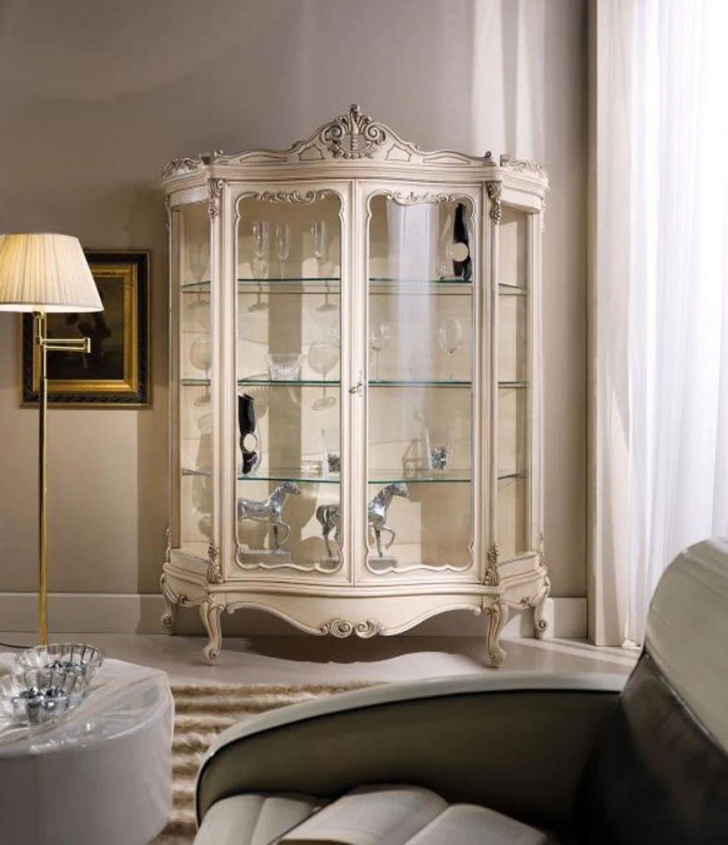 Luxury baroque display cabinet cream / silver 146 x 50 x H. 190 cm - Magnificent baroque display cabinet with 2 glass doors - baroque living room furniture