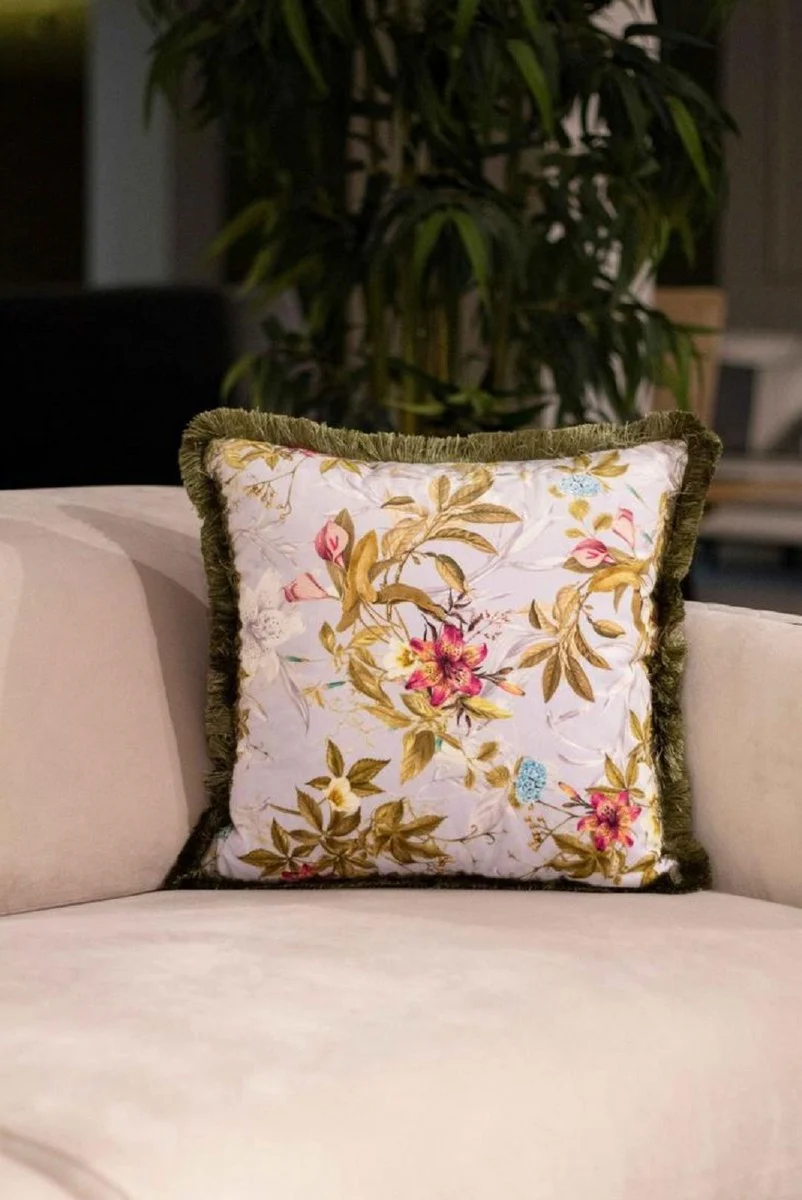 Luxury decorative cushion flowers design gray / multicolored / green 45 x 45 cm - printed velvet cushion with fringes - decorative accessories