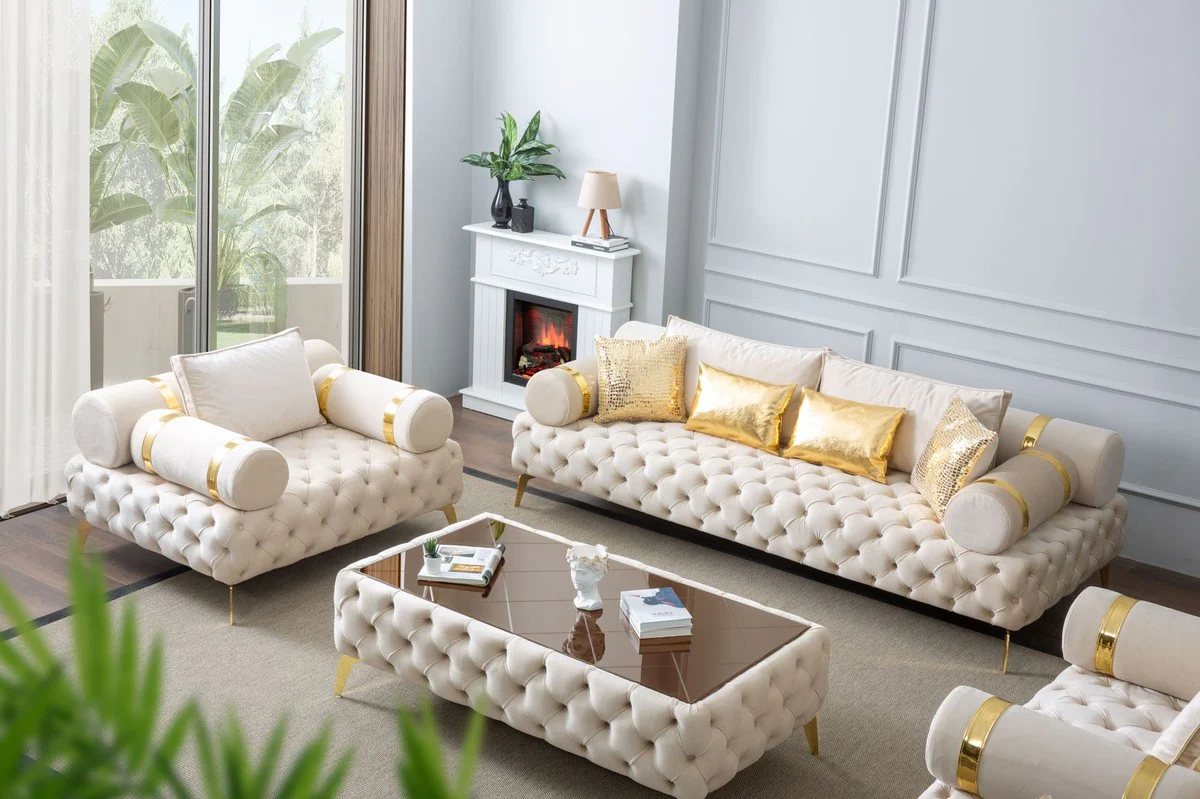 Luxury Chesterfield 3-seater sofa cream / gold 250 x 115 x H. 70 cm - Chesterfield living room sofa - living room furniture - Chesterfield furniture - luxury furniture - luxury furnishings - furniture luxury
