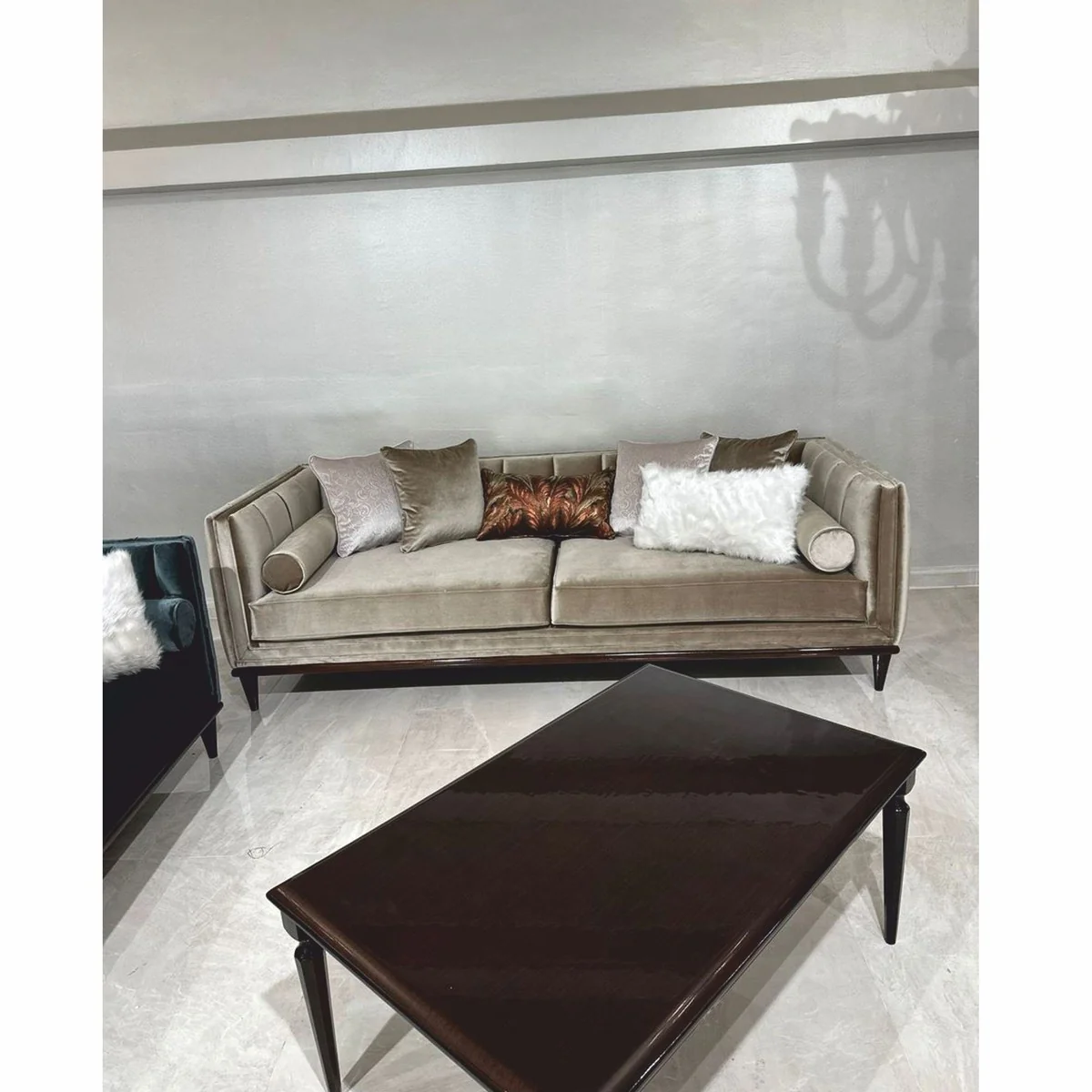 Luxury Art Deco Velvet Sofa Olive Green / Dark Brown 235 cm - Living Room Furniture