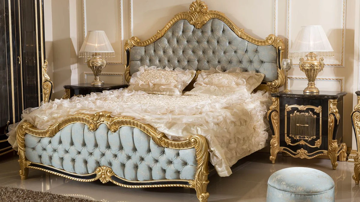 Luxury baroque bedroom set light blue / black / gold - 1 double bed with headboard & 2 nightstands - bedroom furniture in baroque style - noble and magnificent