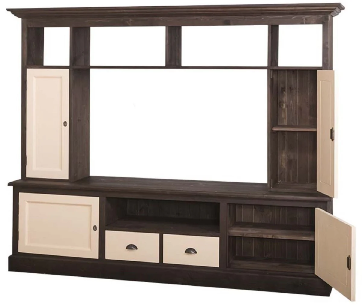 Country house style TV cabinet dark brown / beige 207 x 46 x H. 166 cm - solid wood TV cabinet - living room cabinet - country house style living room furniture
