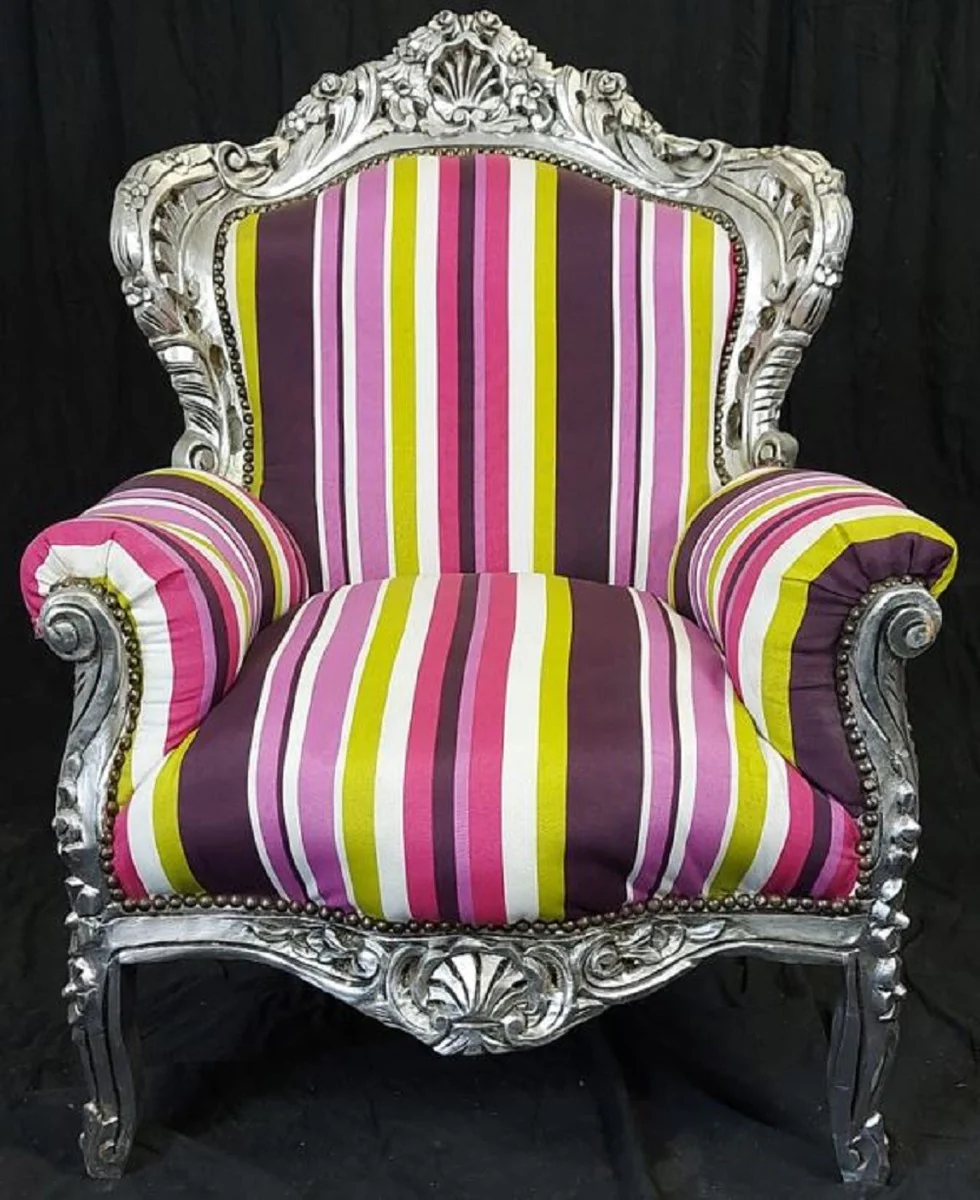 Baroque armchair with stripes multicolored / silver - handmade solid wood living room armchair - antique style living room armchair - baroque living room furniture - exhibition piece!