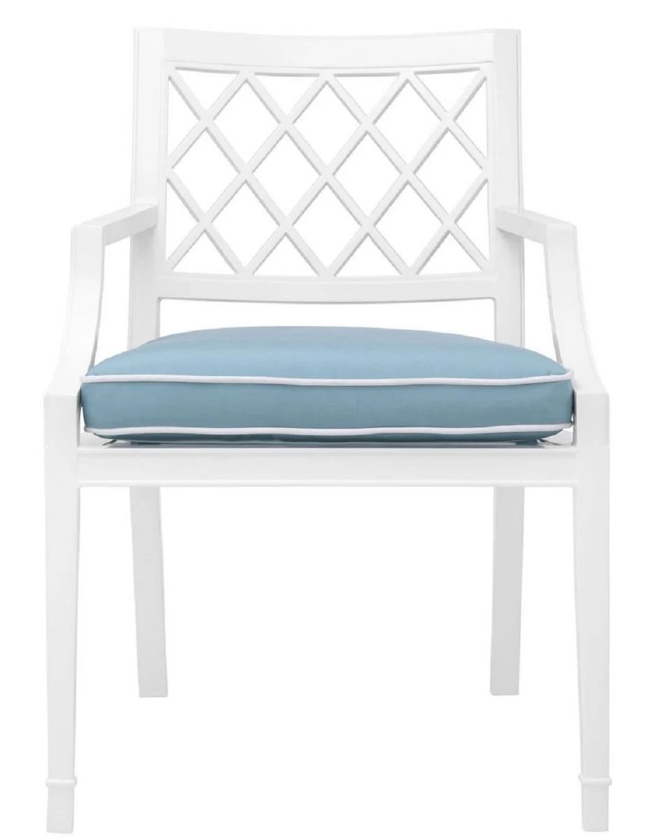 Luxury dining room chair with armrests and cushions white / light blue 60 x 66 x H. 87 cm - aluminum kitchen chair - dining room furniture