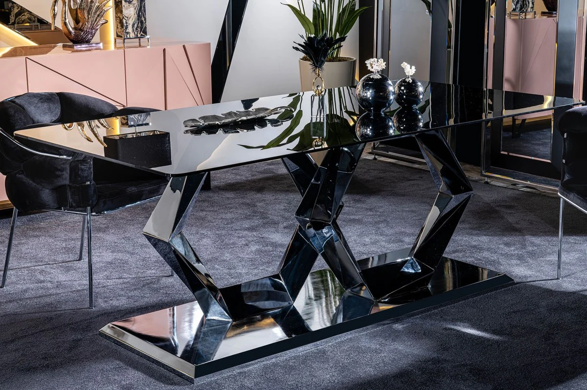 Luxury designer dining room furniture set black / silver - 1 luxury dining table with glass top & 6 luxury dining room chairs - dining room furniture - luxury furniture - luxury dining room furnishings