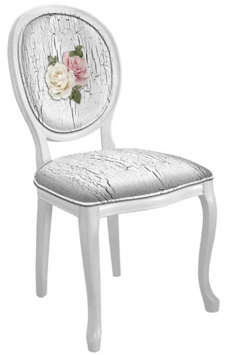 Baroque Dining Room Chair Set Roses Antique White / Multicolored / White - 6 Handmade Kitchen Chairs in Baroque Style - Baroque Dining Room Furniture