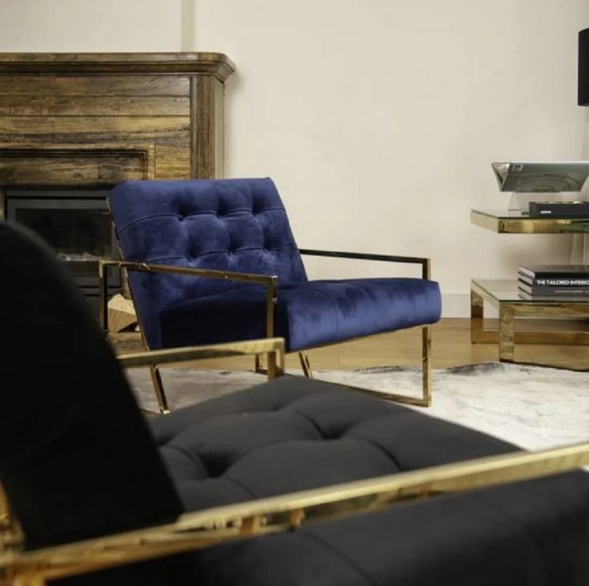 Luxury Chesterfield Lounge Club Velvet Armchair Dark Blue / Gold 70 x 80 x H. 68 cm - Chesterfield Furniture