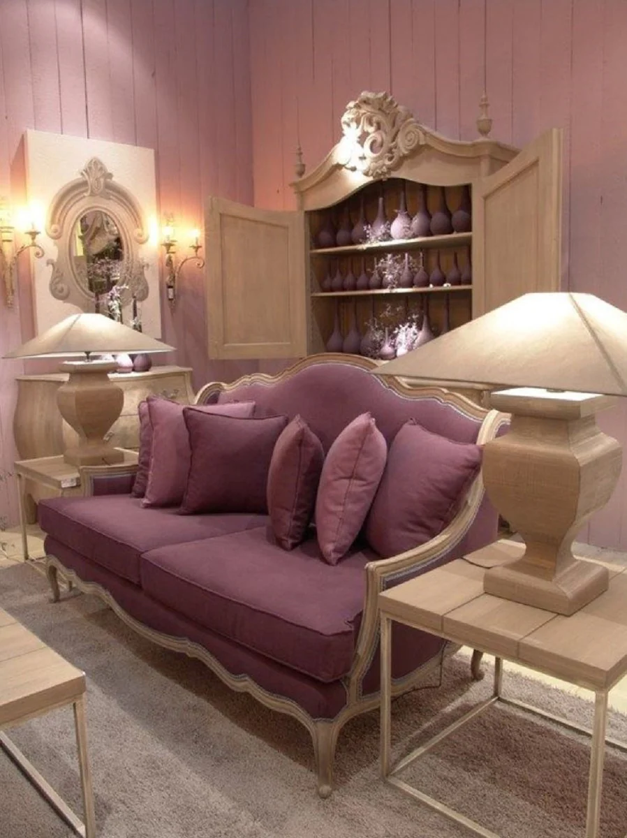 Luxury baroque sofa purple / antique beige 185 x 95 x H. 111 cm - living room sofa with decorative pillows - noble baroque furniture