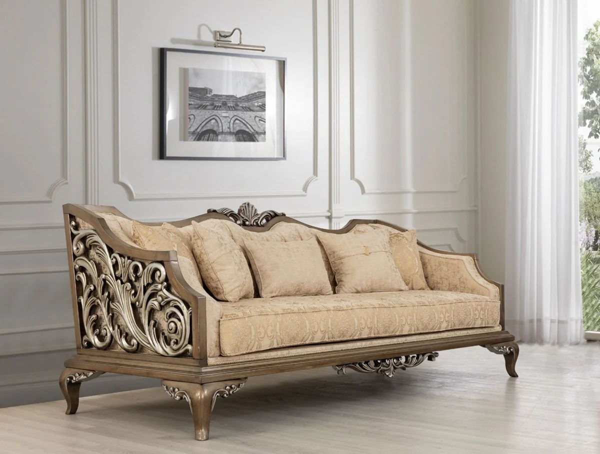 Luxury Baroque Sofa Beige / Gold / Brown / Silver - Living Room Sofa in Baroque Style - Baroque Living Room Furniture - Noble & Magnificent