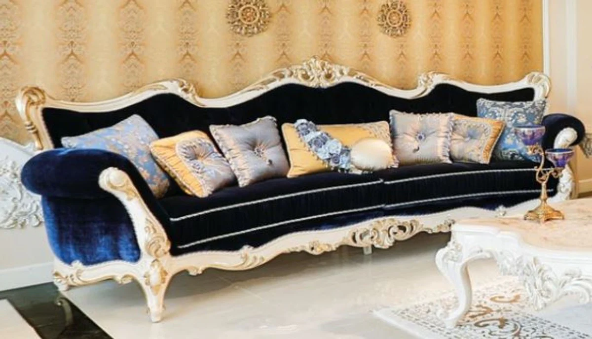 Luxury Baroque Living Room Set Blue / White / Gold - 2 Sofas & 2 Armchairs & 1 Coffee Table & 2 Side Tables - Living Room Furniture in Baroque Style - Noble & Magnificent