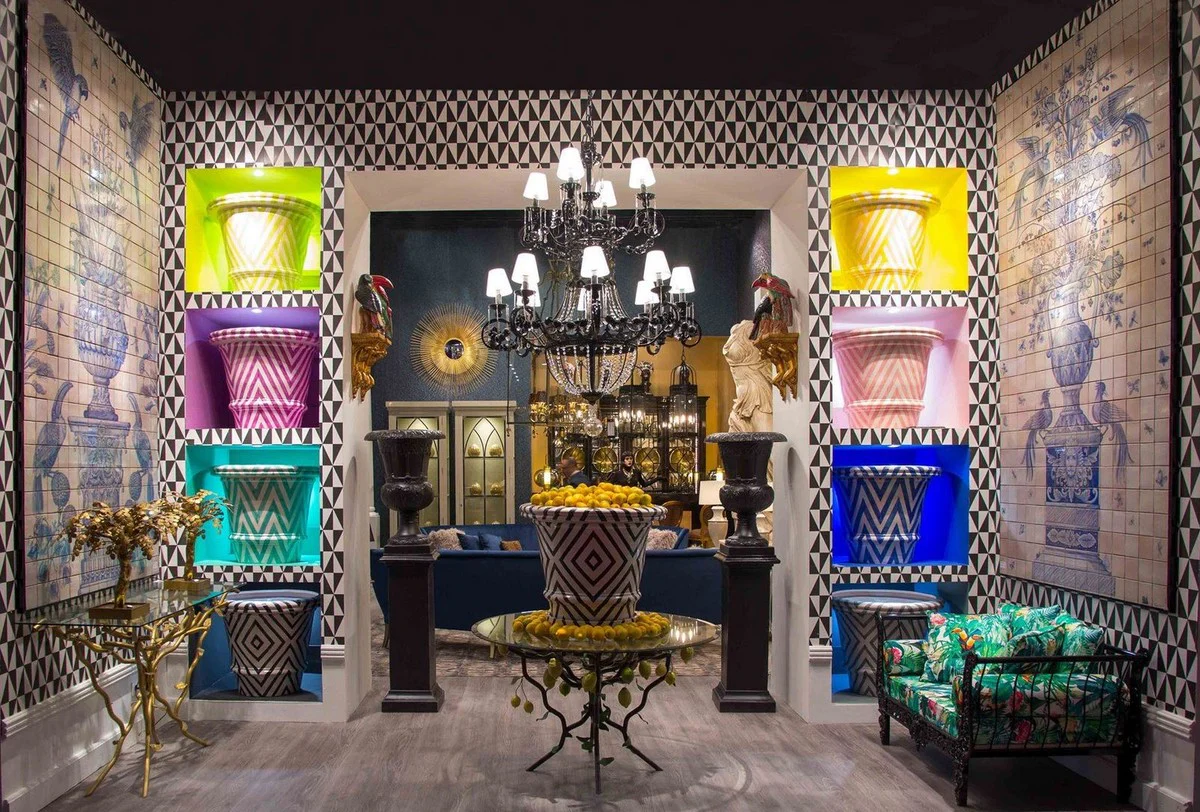 Luxury dining table black / yellow / green Ø 120 x H. 75 cm - hand-forged wrought iron table with glass top and lemon bush frame - dining room garden patio furniture