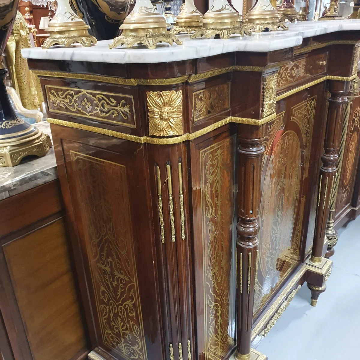 Baroque Boulle chest of drawers brown / gold with white marble top 130 cm - furniture cabinet sideboard