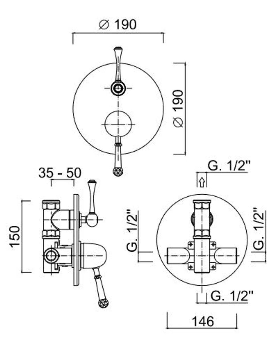 Luxury concealed shower mixer with 3 outlets & diverter silver Ø 19 cm - luxury quality made in Italy