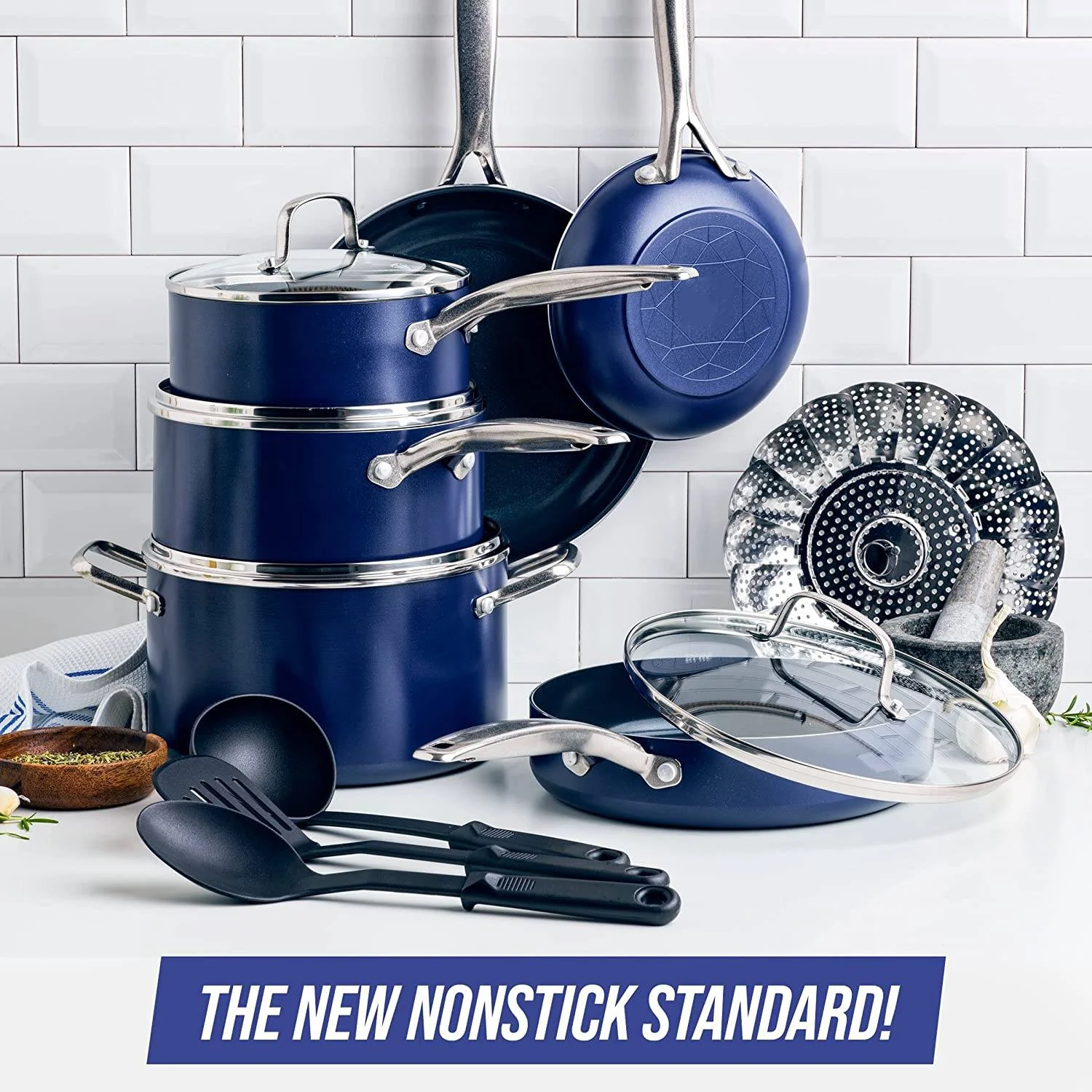 Diamond Cookware Diamond Infused Ceramic Nonstick Cookware Set, 14 Piece Pots and Pans, PFAS Free, Dishwasher Safe, Oven Safe, Blue