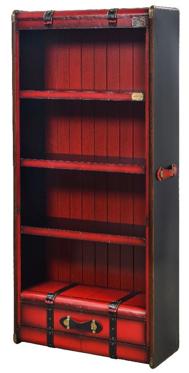 Luxury shelf cabinet in suitcase look red / black / brown / brass 84 x 35 x H. 187.5 cm - solid wood cabinet with real leather - office cabinet - office furniture - luxury furniture in suitcase look