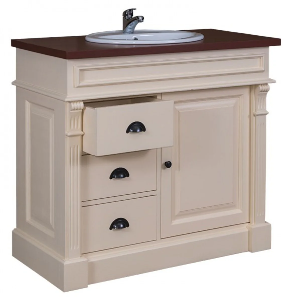 Country house style wash cabinet vanity unit including 1 sink cream / brown - bathroom cabinet