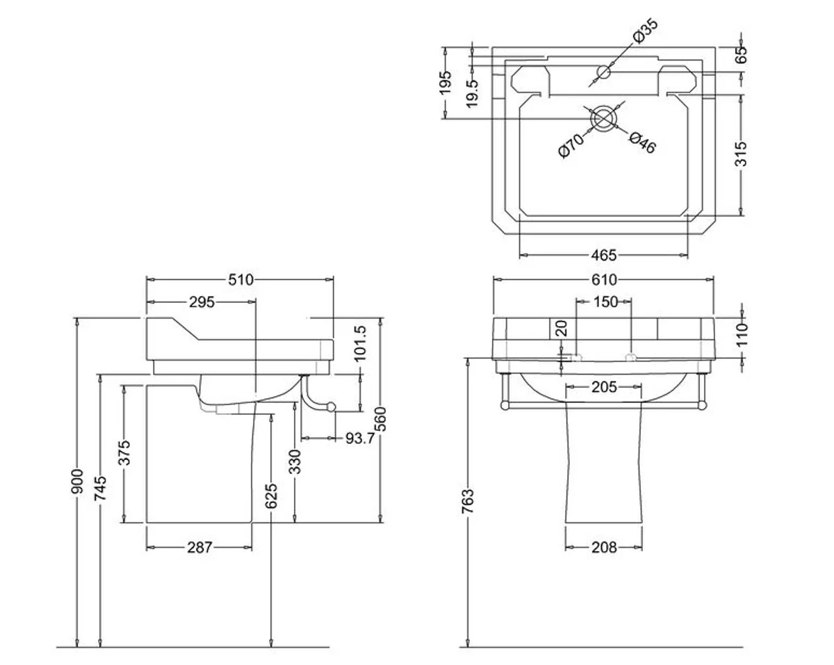 Porcelain washbasin with half base and towel rail 61 x 51 x H. 56 cm