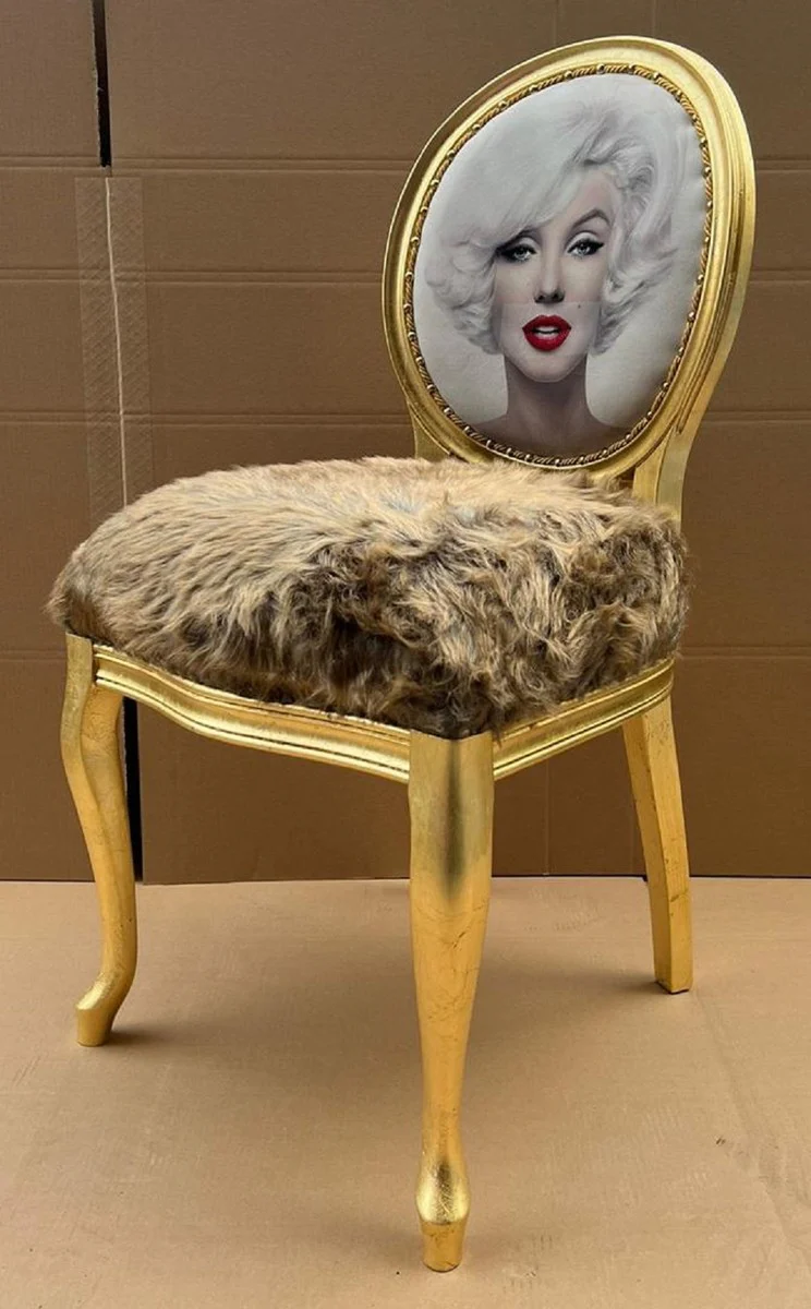 Luxury Baroque Dining Chair Marilyn Monroe Brown / Multicolor / Gold - Handmade Pop Art Designer Chair with Faux Fur - Baroque Dining Room Furniture