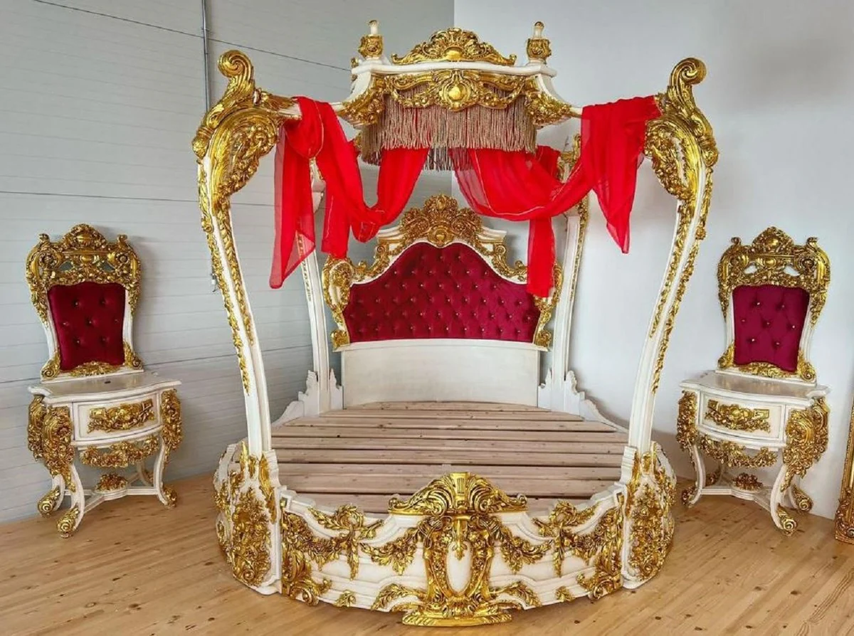 Baroque double bed white / gold / bordeaux red - magnificent solid wood bed - bedroom furniture in the baroque style - baroque bedroom furniture - noble and magnificent