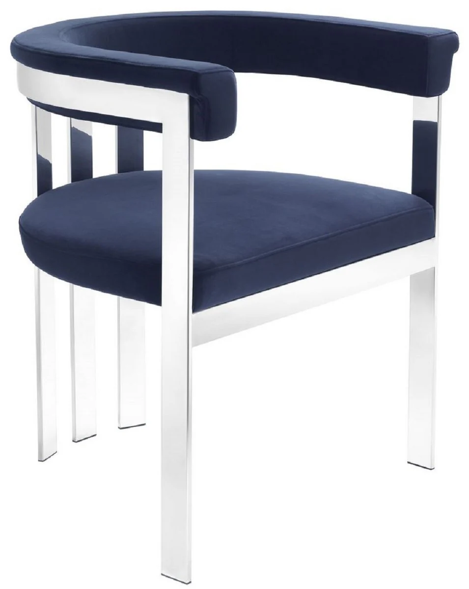 Luxury dining room chair with armrests midnight blue / silver 61 x 56 x H. 73 cm - stainless steel kitchen chair with elegant velvet fabric - luxury kitchen furniture