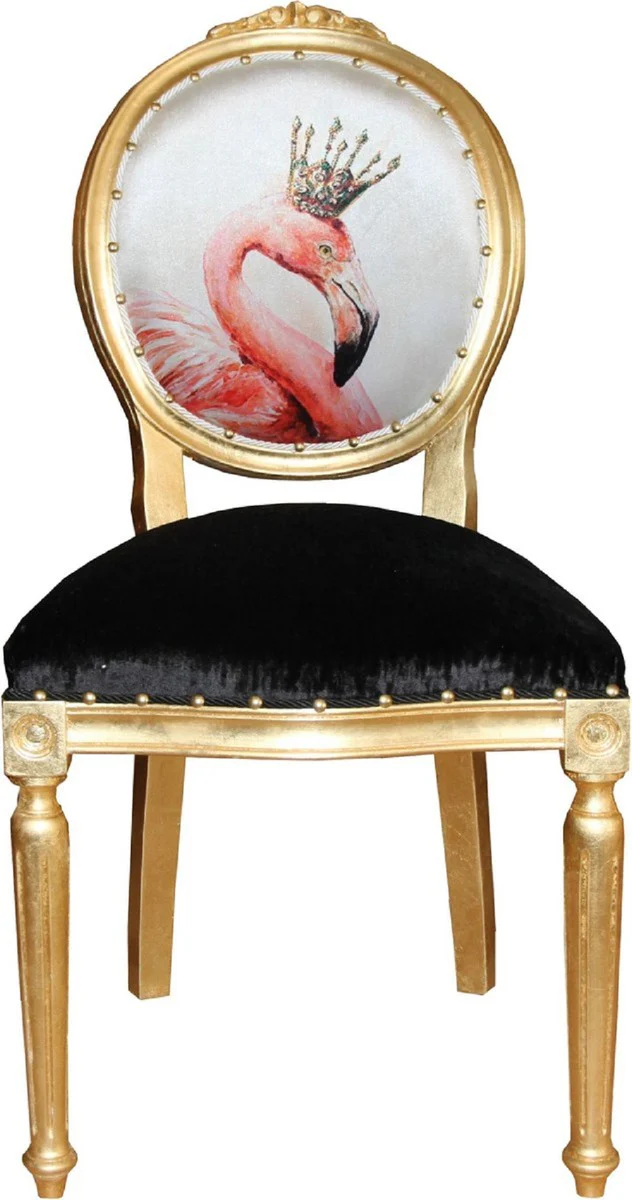 Luxury baroque dining room set flamingo with crown gold / black / multicolored 48 x 50 x H. 98 cm - 6 handmade dining chairs with bling bling glitter stones - baroque dining room furniture