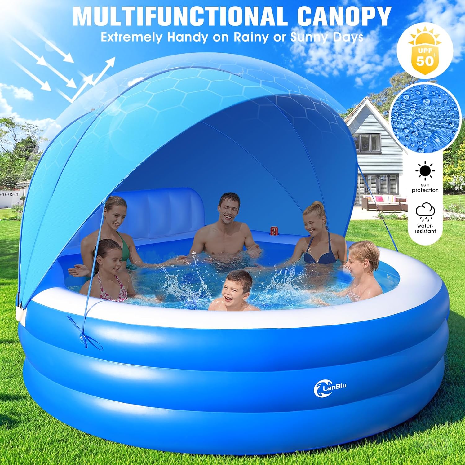 2025 Upgraded Inflatable Pool with Canopy, Inflatable Family Lounge Pool, Round Blow Up Pool for Adult with Bench & Backrest, Swim Center Easy Backyard Pools for Kids & Adults, 92"x92"x26", Blue