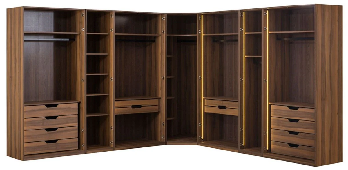 Luxury corner wardrobe brown / black 345 x 345 x H. 220 cm - solid wood bedroom wardrobe with 11 glass doors and LED lighting - bedroom furniture - hotel furniture - luxury furniture