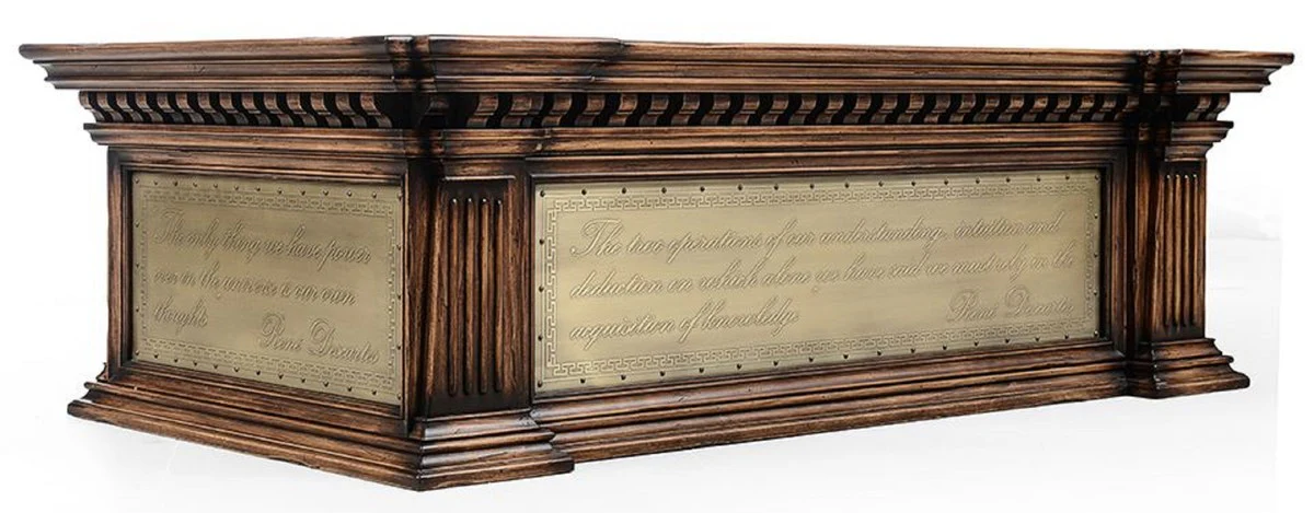 Luxury vintage style coffee table brown / green / brass 156 x 89.5 x H. 48 cm - Rectangular solid wood living room table with drawer - Luxury vintage style living room furniture