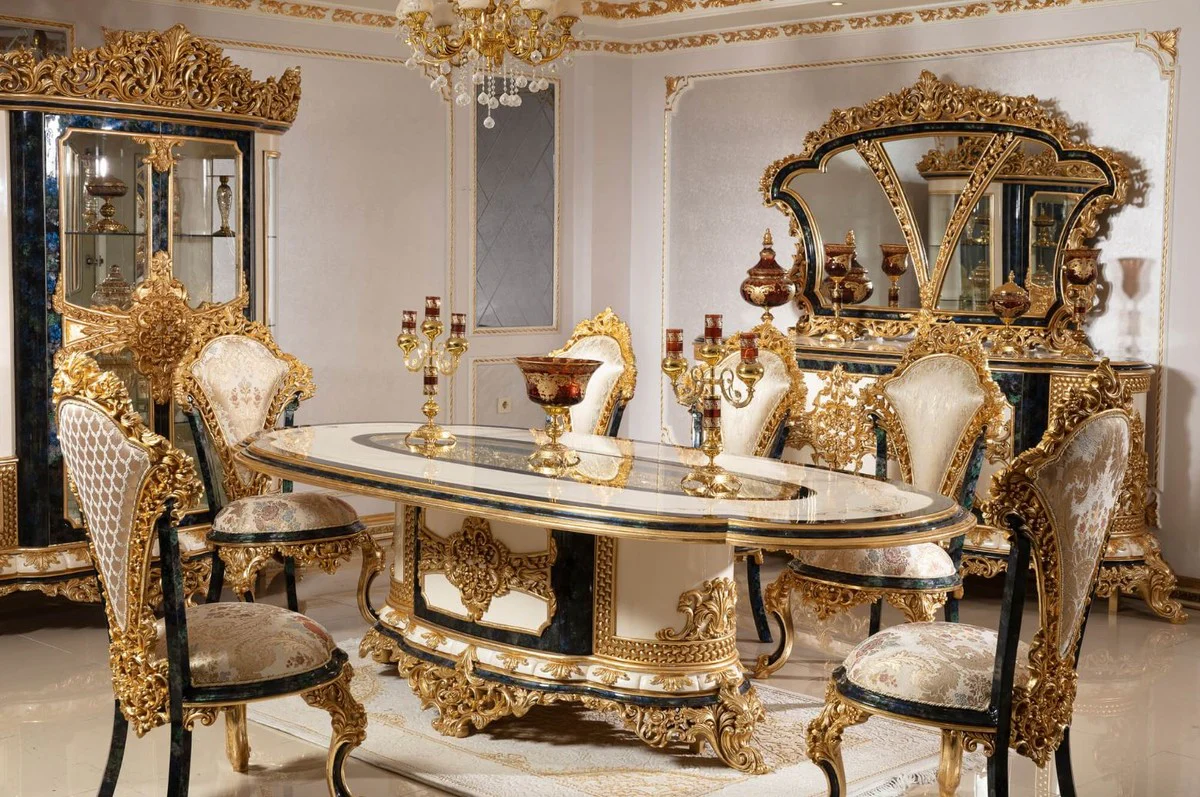 Luxury Baroque Dining Room Set White / Multicolored / Blue / Gold - 1 Baroque Dining Table & 6 Baroque Dining Room Chairs - Baroque Dining Room Furniture - Noble & Magnificent