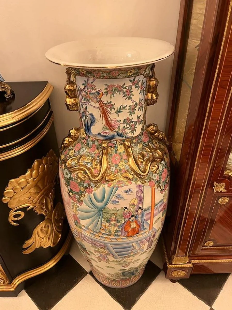 Luxury Baroque decorative vase white / multicolored / gold Ø 43 x H. 124 cm - Antique Chinese porcelain vase - Chinese luxury Baroque decorative accessories