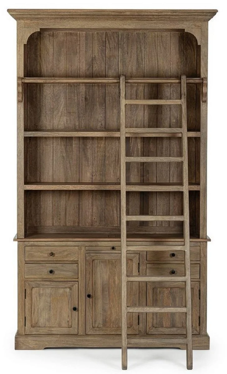 Country house style cabinet with ladder brown 143.5 x 40.6 x H. 233.7 cm - bookcase - shelf cabinet - living room cabinet - office cabinet - country house style furniture