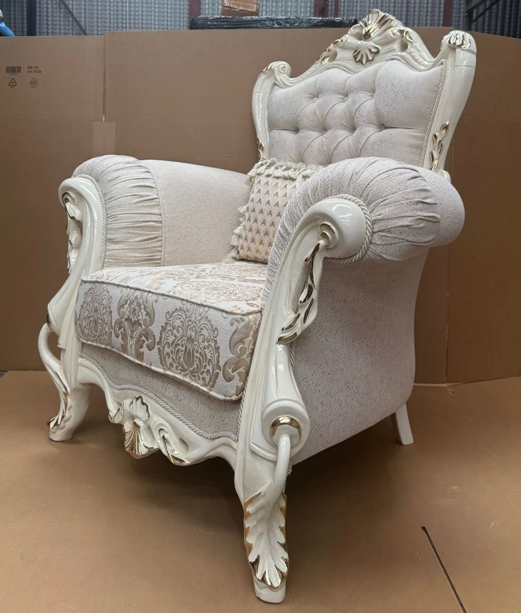 Baroque living room armchair with cushions gray / white / gold - Baroque furniture