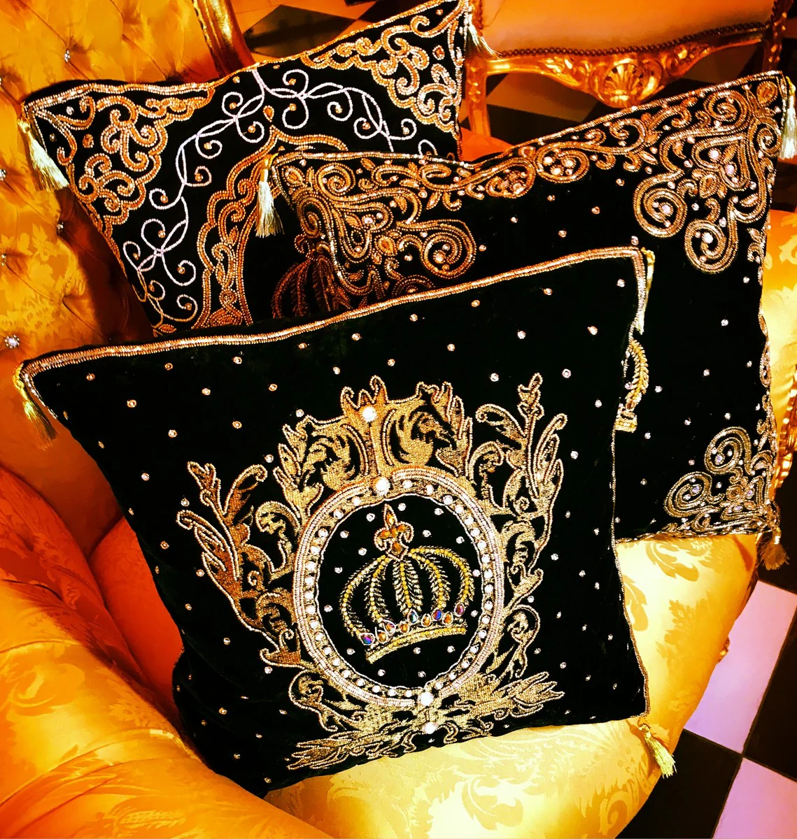 Harald Glööckler luxury baroque decorative cushion Pompöös by Crown & Stars black / gold elaborately decorated with sequins and rhinestones