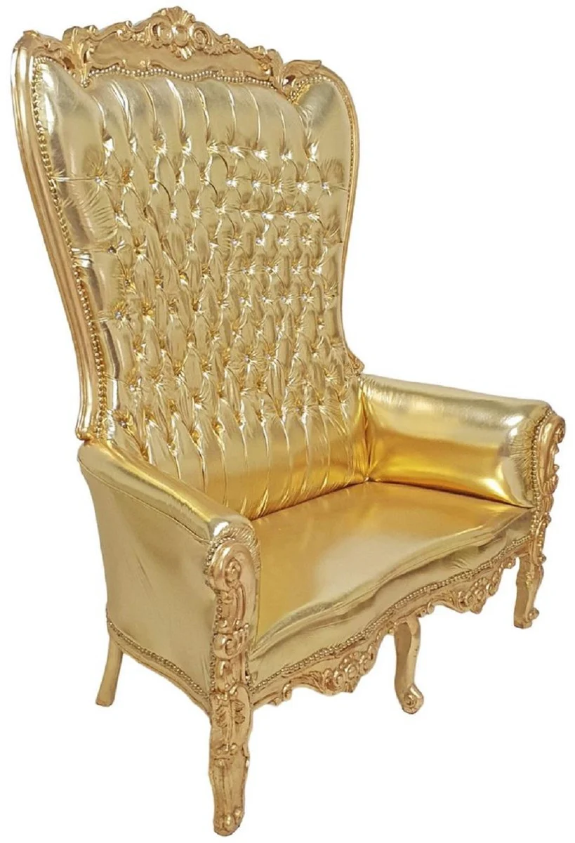 Baroque high-back 2-seater sofa gold - magnificent baroque style faux leather sofa with glittering stones - living room furniture in baroque style - baroque furniture - noble and magnificent
