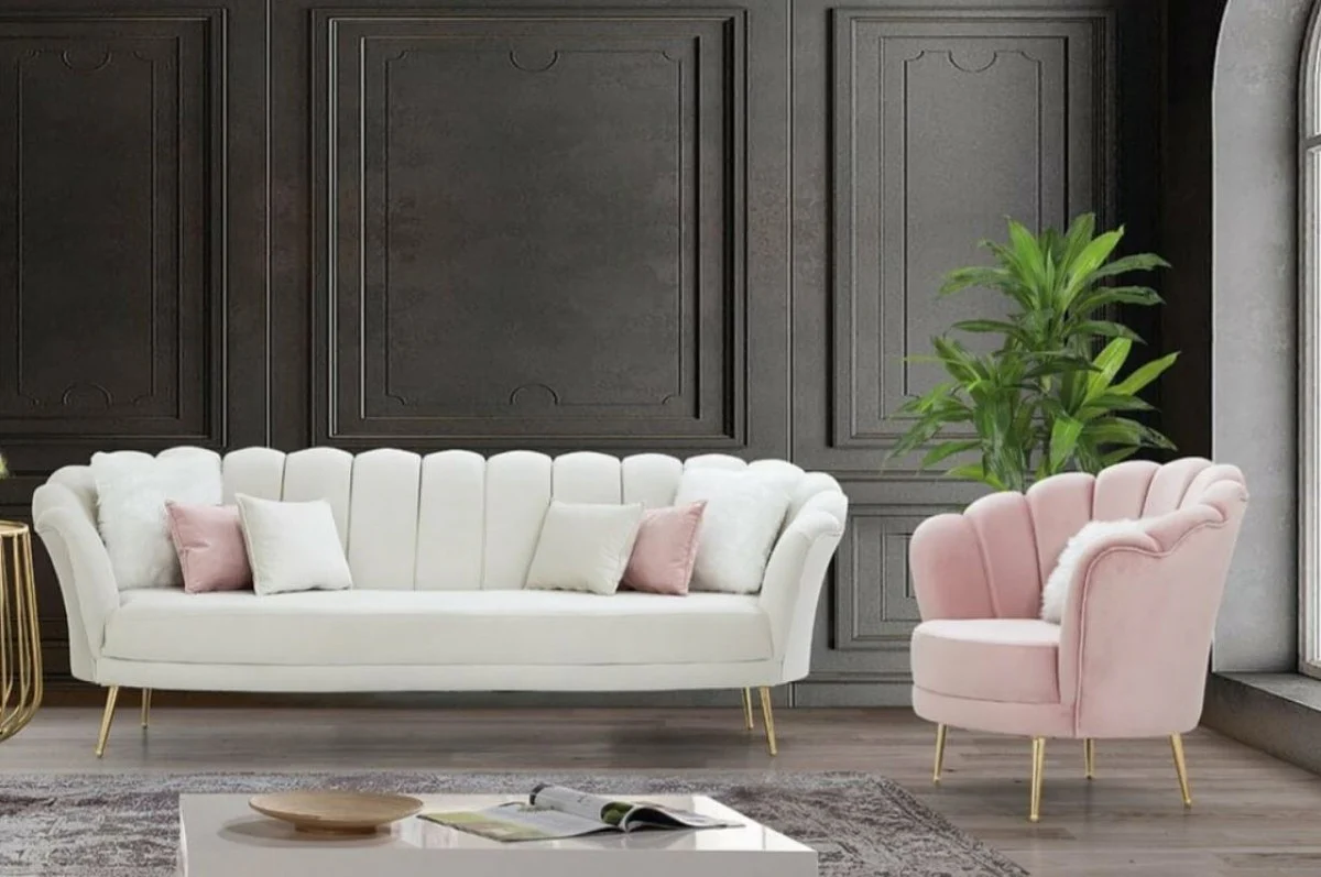 Designer Art Deco Living Room Set Cream / Pink / Gold - 2 Sofas & 2 Armchairs - Living Room Furniture - Art Deco Furniture