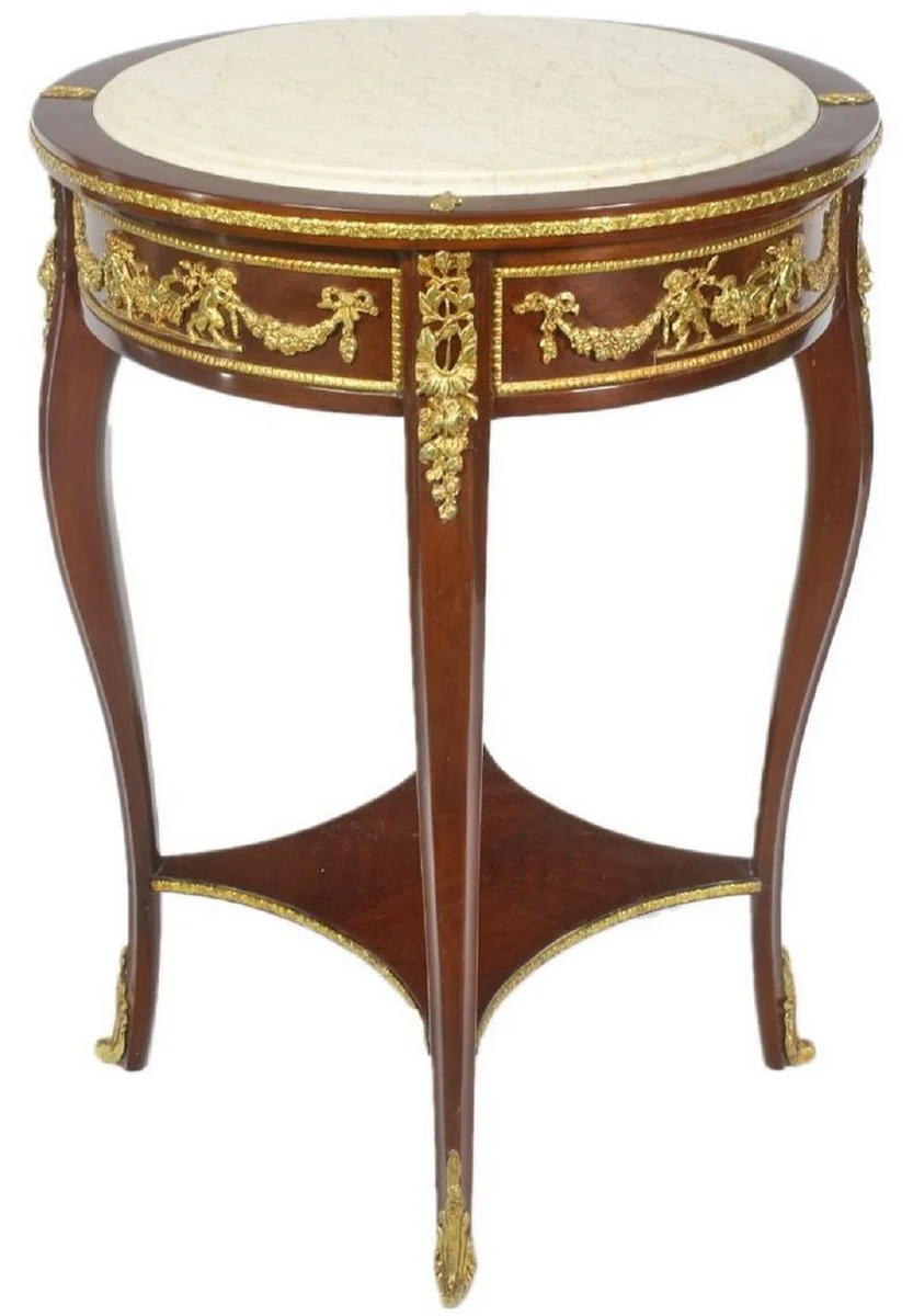 Baroque side table with marble top brown / gold / cream Ø 45 x H. 75 cm - Round table in baroque style - Baroque furniture