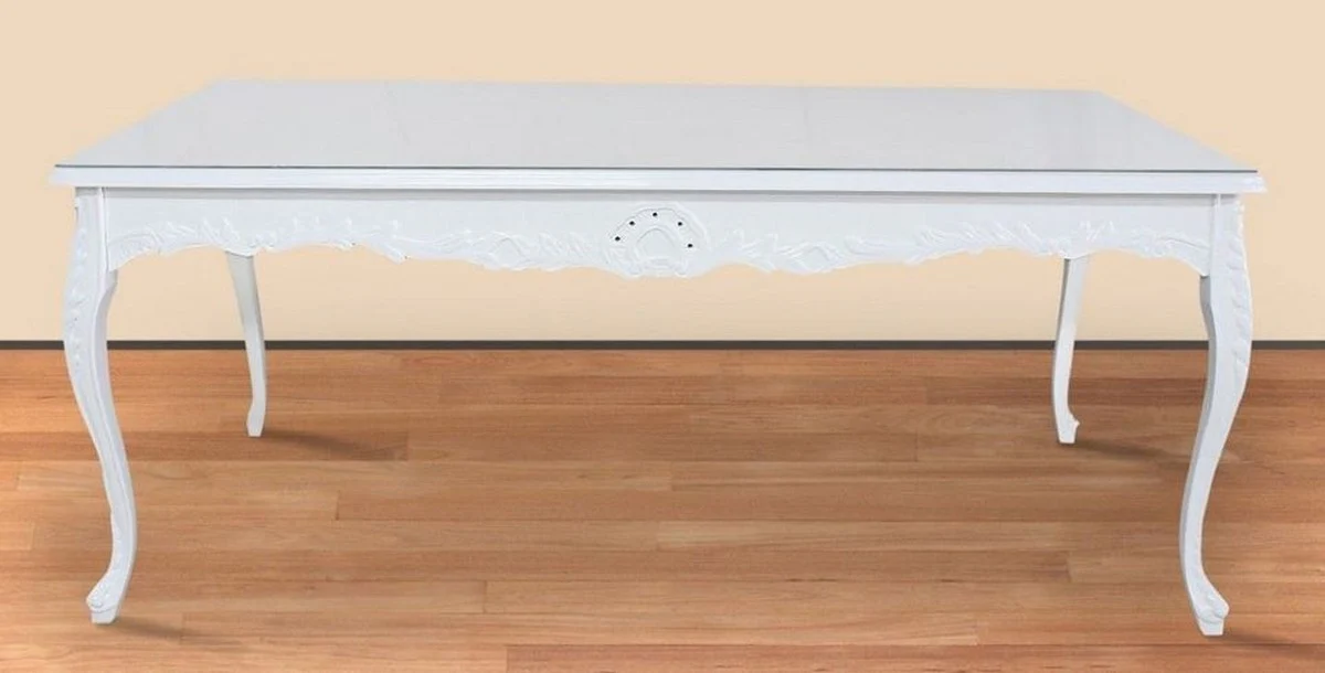 Baroque dining table white 200 x 100 x H. 90 cm - solid wood kitchen table with glass top - baroque dining room furniture