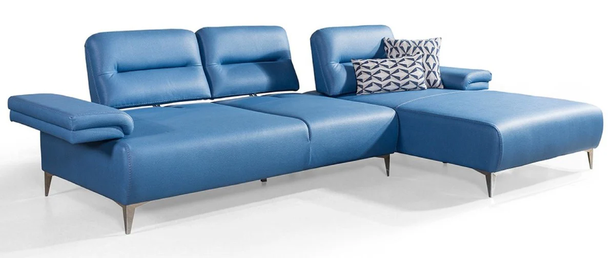 Luxury faux leather corner sofa blue / silver 285 x 182 cm - living room furniture