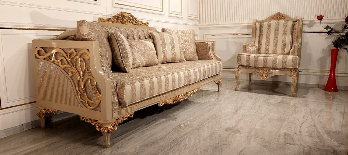 Luxury Baroque Sofa Gold / Beige / Gold - Magnificent Living Room Sofa with Stripes - Baroque Living Room & Hotel Furniture - Noble & Magnificent